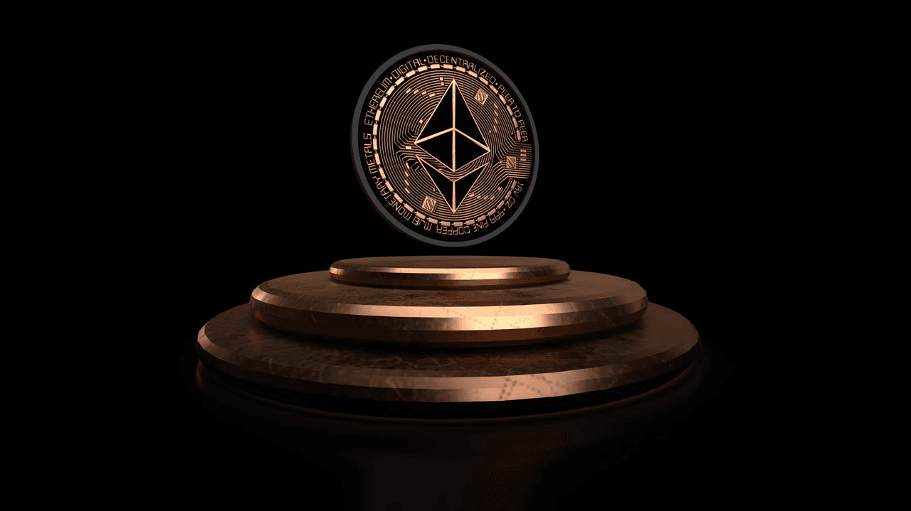 Golden Ethereum coin floating above a shiny, dark pedestal platform – symbol for value, prestige, and blockchain innovation.