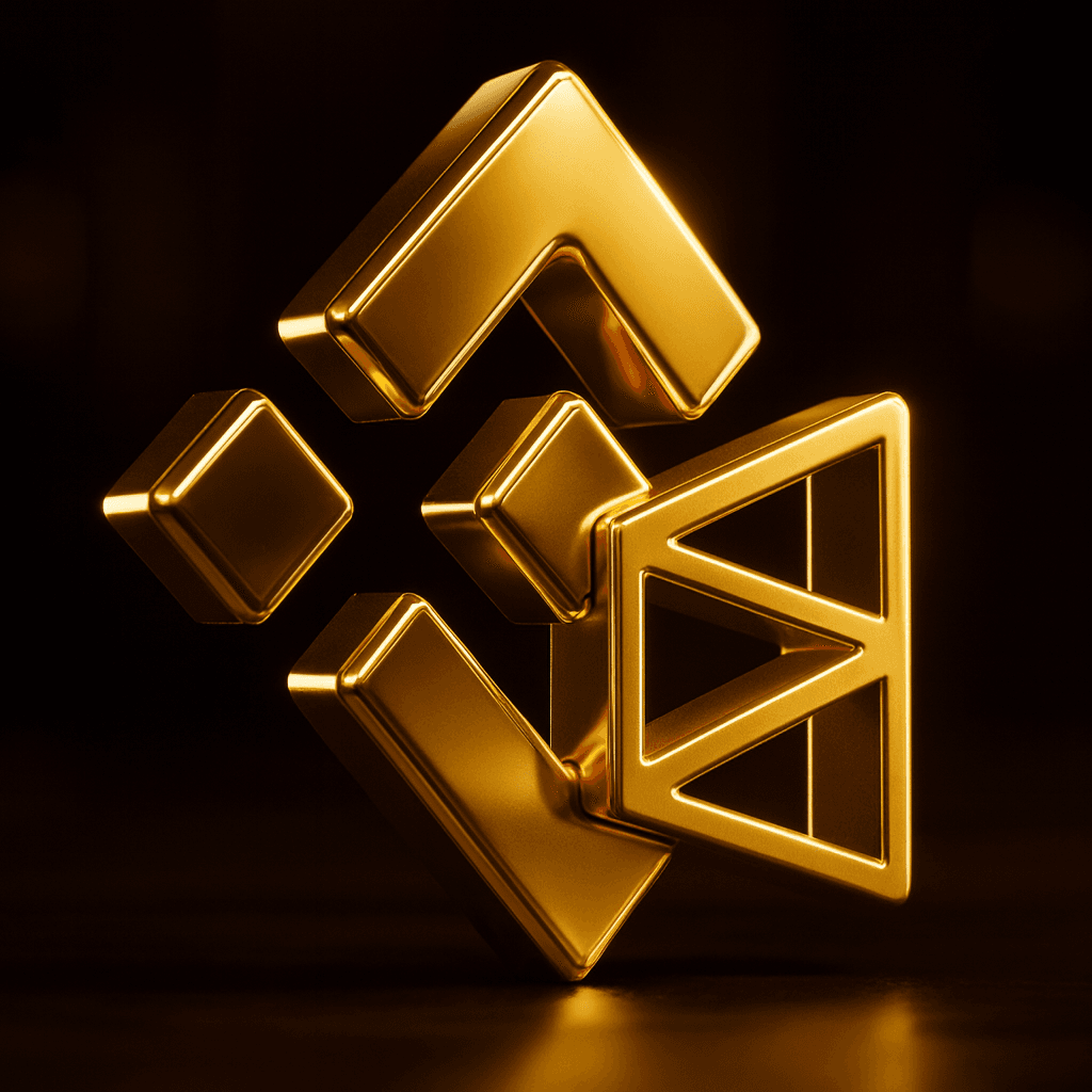 Gold 3D logos of Binance and Polymarket side-by-side on a dark background.