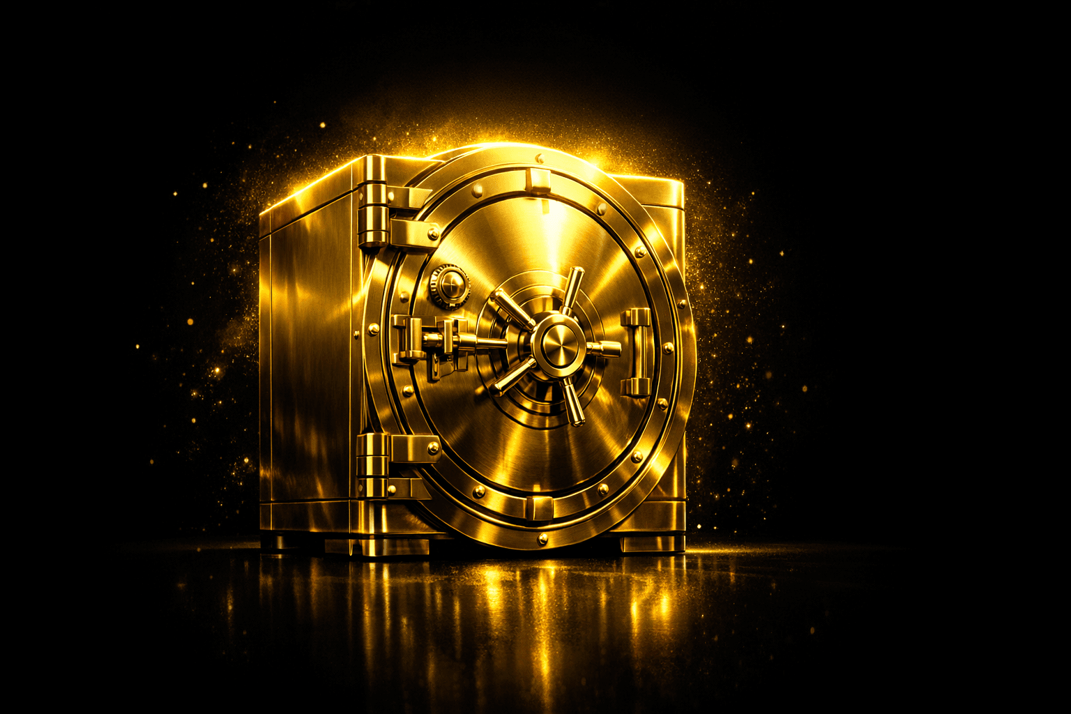 Massive golden vault with a complex locking mechanism and glowing particles on a dark background – symbol for security, asset protection, and banking.
